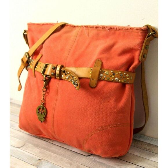 ROOMY LUCKY BRAND PINK CANVAS GENUINE LEATHER BELTED TOTE BOOK BAG SHOULDER BAG - Picture 6 of 9